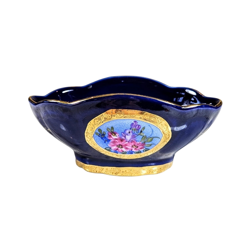 Vintage Regal Cobolt Blue Limoges Style Trinket Dish Gold Guilded Rococo Style
